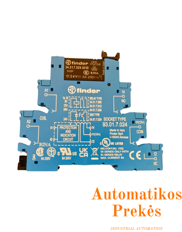 Finder relė 24VDC 6A 1CO – interfeisinė relė DIN 385170240050