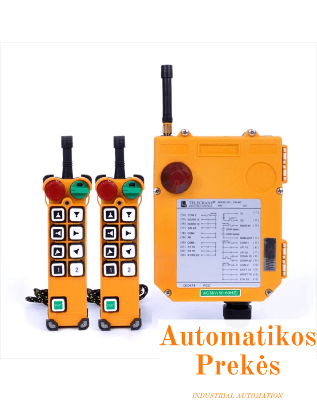 Krano valdymo pultas F24-8D 2 siųstuvai, imtuvas IP65 36V 220V 380V